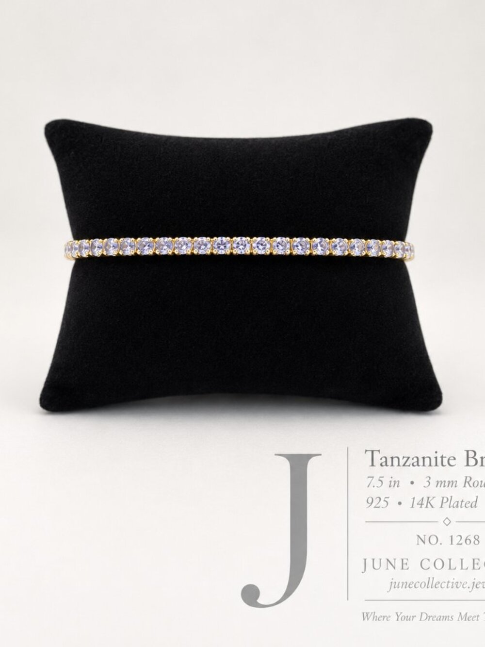 Tanzanite Tennis Bracelet 925 Sterling Silver 14K Gold Plated 7.5"